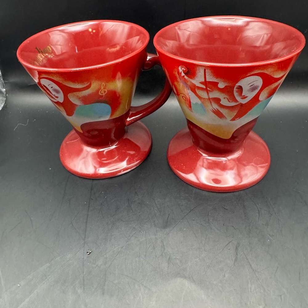 LINDA FRICHTEL 1999 FRANGELICO MADI GRAS ESPRESSO COFFEE CUP  USED - SET OF 2